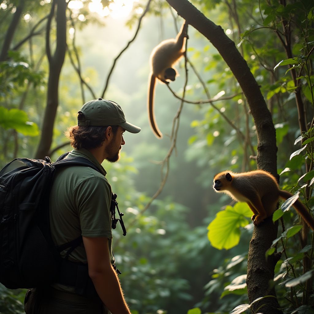 Investigador observando monos en la Amazonía