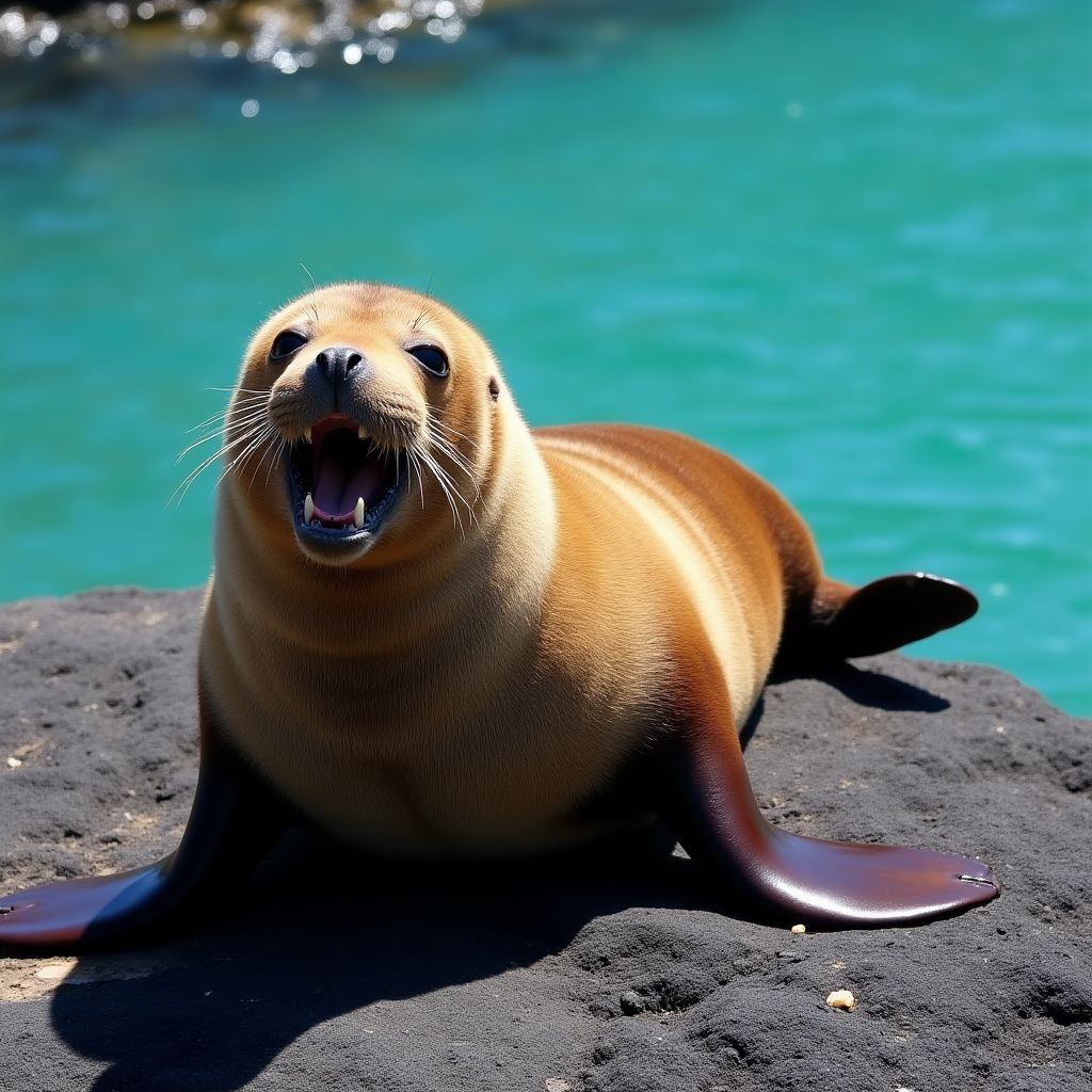 Lobo marino de Galápagos descansando en una roca volcánica